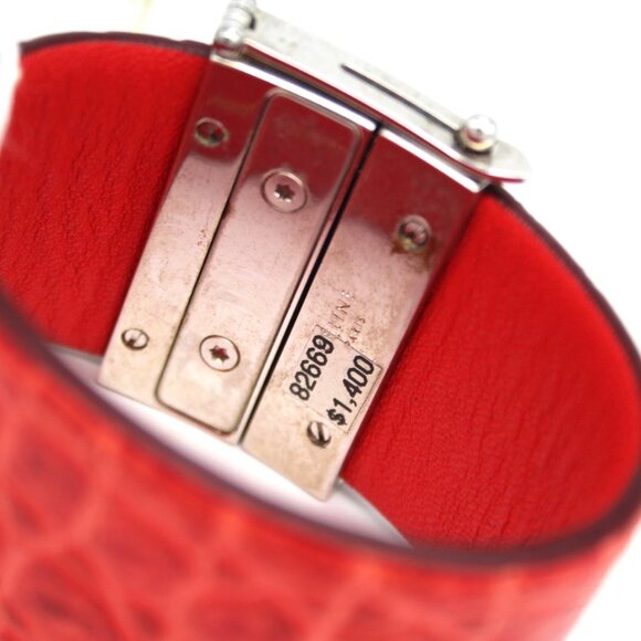 CELINE Manchette Silver Cuff Bracelet Red Python Embossed Leather S NEW Italy - Picture 5 of 7